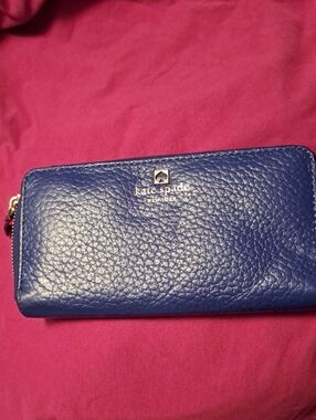 Kate Spade Navy Pebbled Leather Zip-Around Wallet with Gold Logo